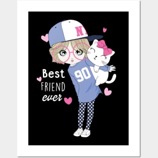 Best Friend - Cute Girl with Cat Best Friend Ever Posters and Art